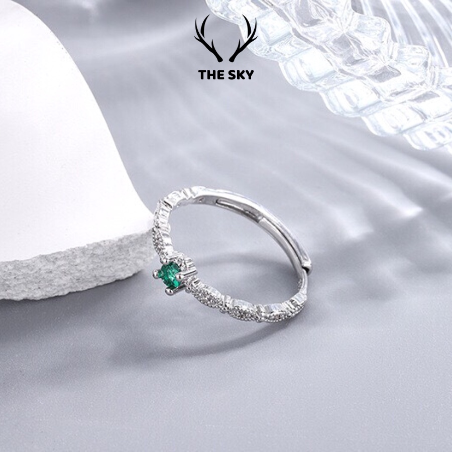 Nhẫn Bạc Nữ THE SKY NB09 Khắc Cách Điệu Kèm Mặt Đá Xanh Bích Freesize