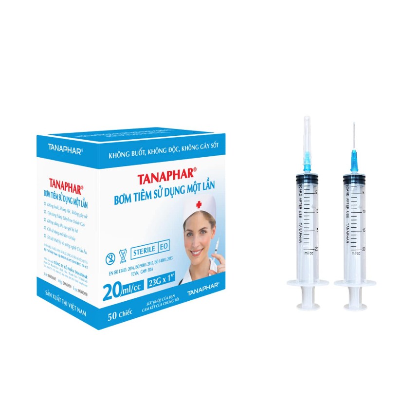Bơm kim tiêm sử dụng một lần Tanaphar 20ml ( Hộp 50 chiếc ), Thiết kế tiêu chuẩn quốc tế an toàn tuyệt đối