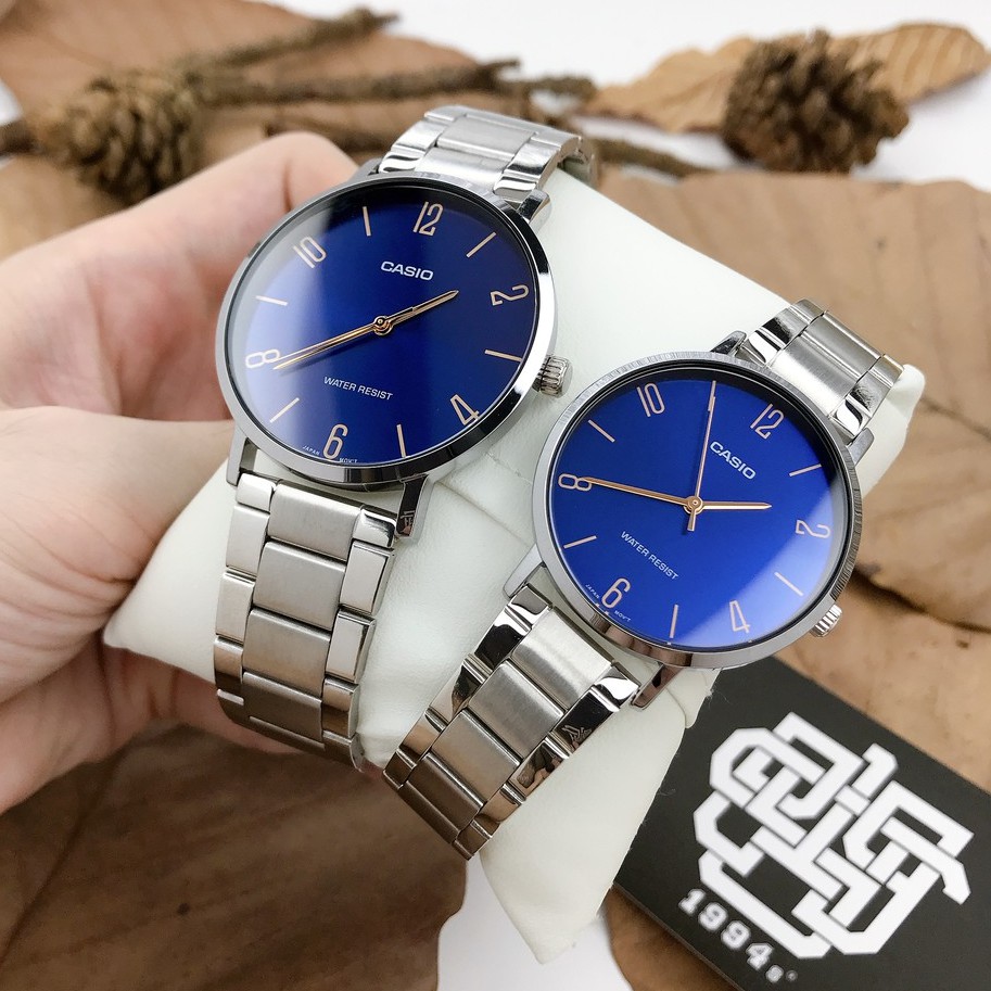 Đồng hồ cặp Casio MTP-VT01D-2B2 / LTP-VT01D-2B2 dây thép không gỉ, size 34mm, 40mm chống nước, hàng chính hãng