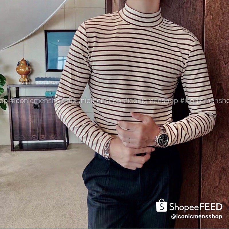 Áo thun sọc dài tay form body cổ trụ
