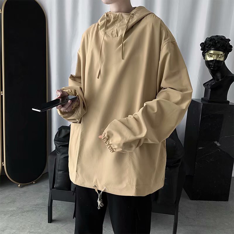 European and American fashion men's long-sleeve long-sleeved jacket with wide hood 2 large pockets