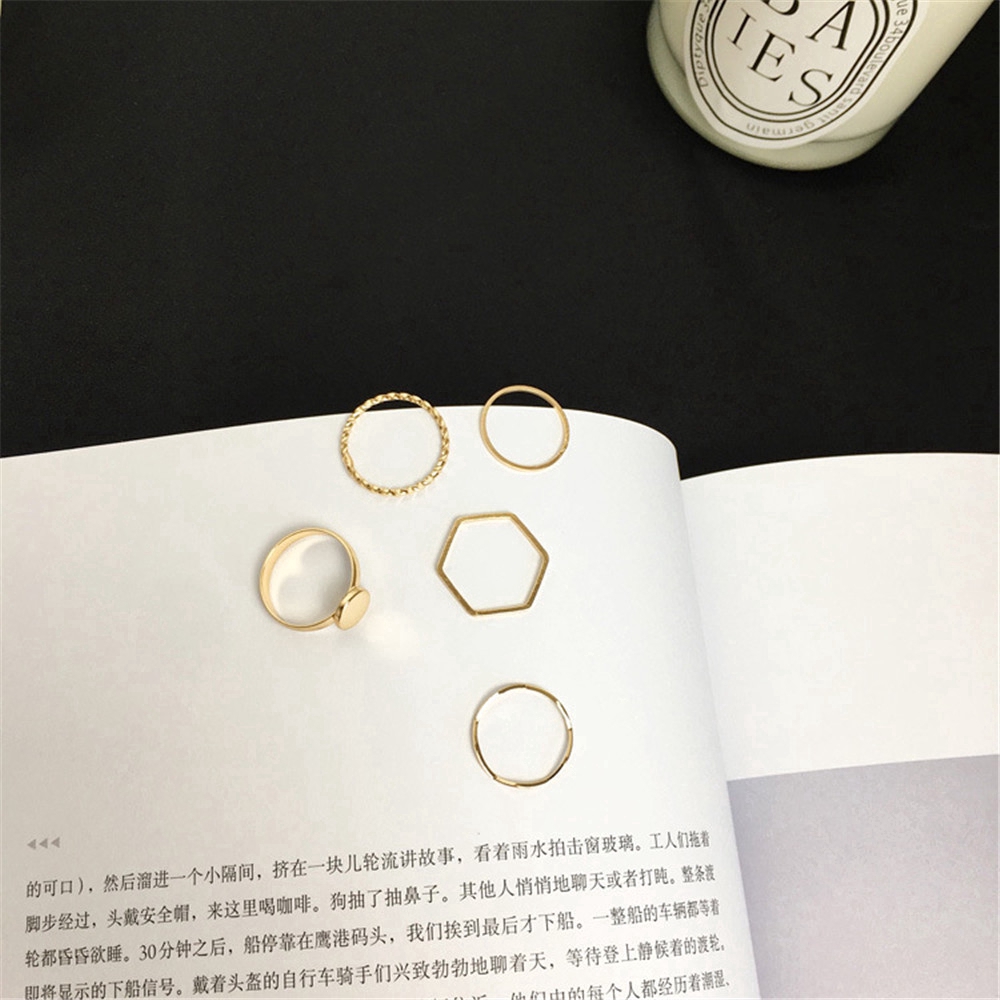 Bộ 5 chiếc nhẫn kim loại phong cách Hàn Quốc đơn giản