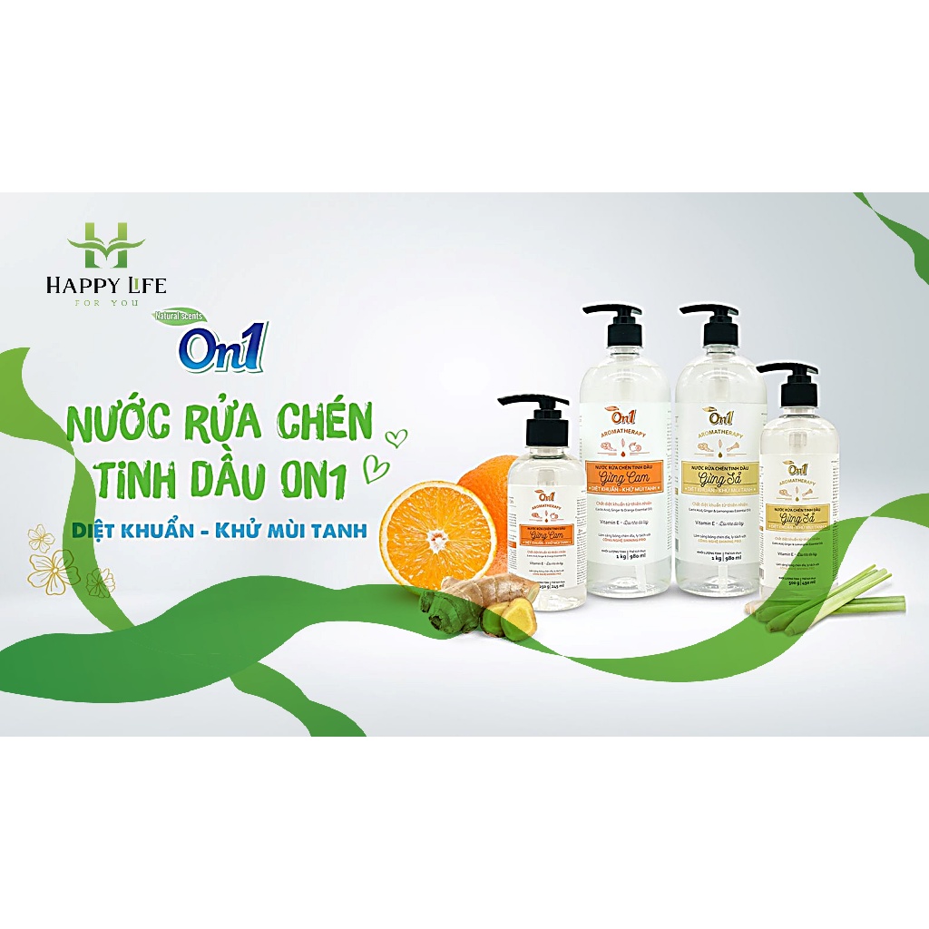 Nước rửa chén Lix, nước rửa chén On1 tinh dầu gừng sả diệt khuẩn khử mùi tanh êm dịu da tay 1kg - Happy Life 4U