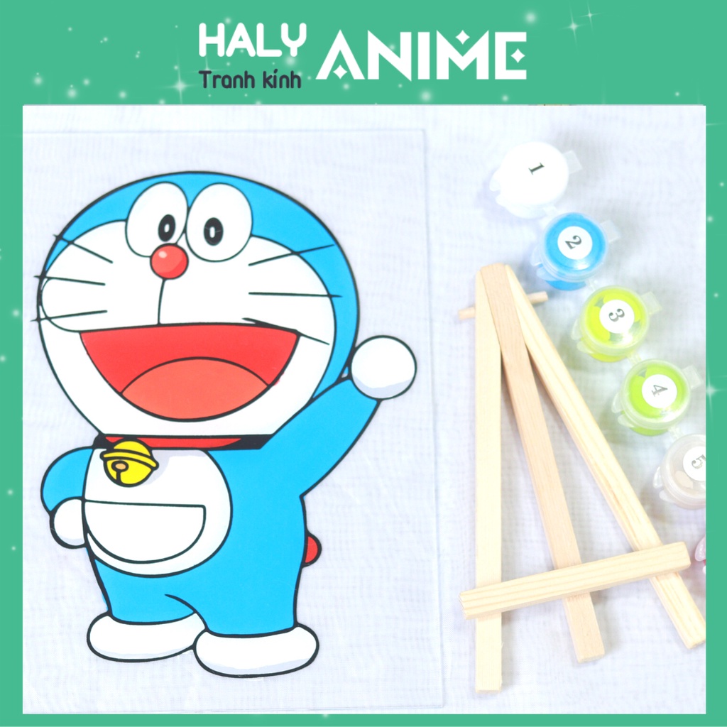 Tranh kính anime Doraemon, theo yêu cầu, glass painting kit dễ thương, màu acrylic 3D khó phai.