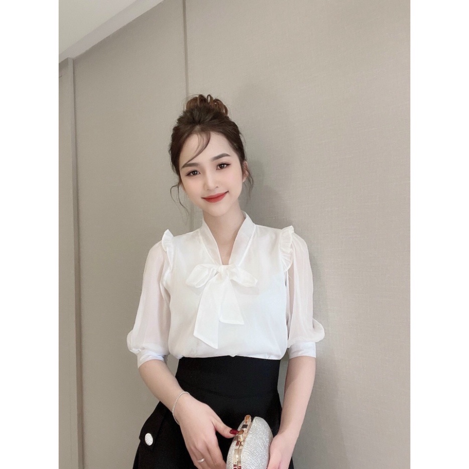 [ Loại 1] Áo sơ mi nữ kiểu cổ thắt nơ trẻ trung, Chất lụa phối, tay áo lỡ đẹp