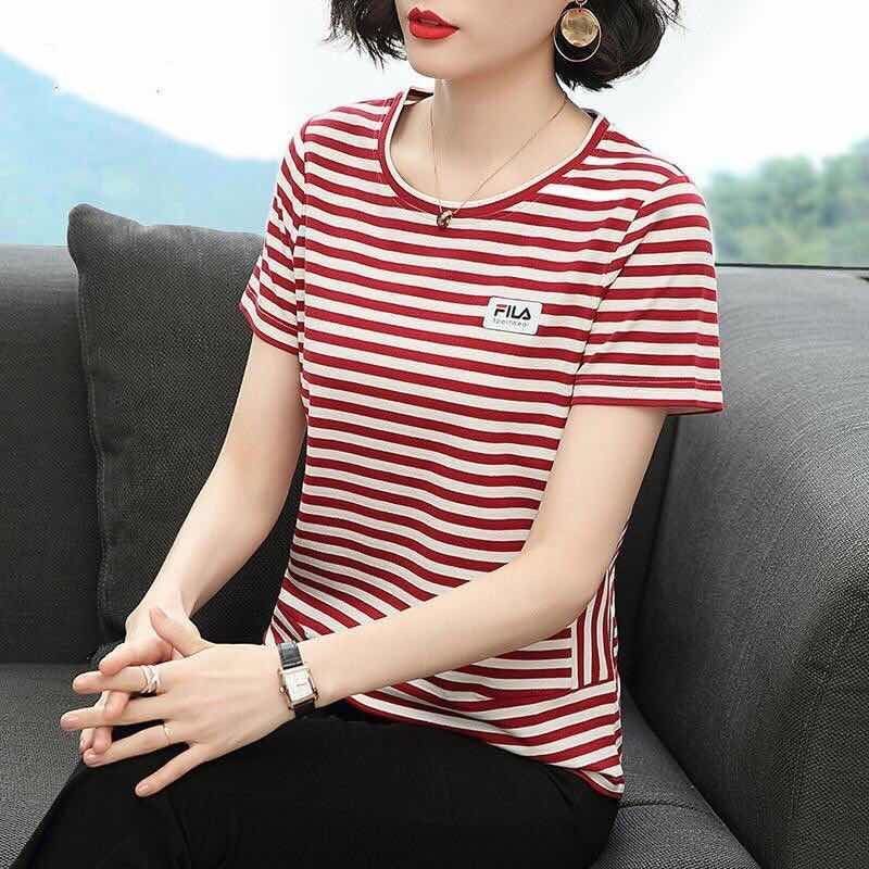 Áo Thun Ngắn Tay Dáng Suông Rộng Kẻ Sọc Thời Trang Mùa Hè Cho Nữ Trung Niên