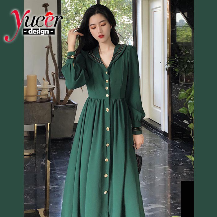 Đầm tay dài cổ chữ v phối cúc nổi bật duyên dáng dễ thương cho nữ | BigBuy360 - bigbuy360.vn