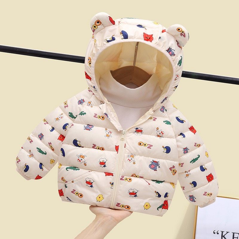Áo khoác họa tiết trẻ em, áo phao tai gấu, siêu nhẹ, siêu mềm, dày ấm cho bé 8-20kg