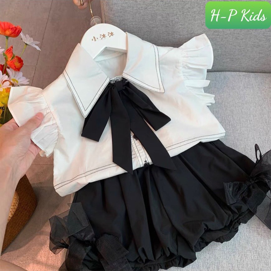 Xả kho Bộ áo trắng nơ đen phối  + quần bom cho bé gái