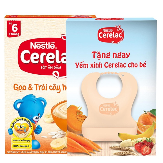 Bột ăn dặm Cerelac Gạo và trái cây hỗn hợp (tặng kèm yếm ăn cho bé)