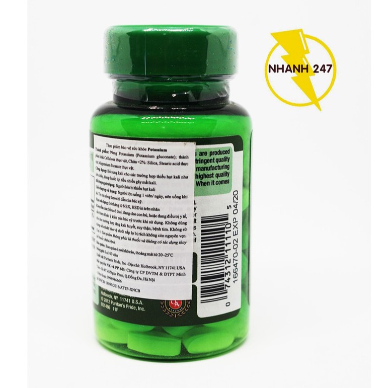 Viên uống bổ sung Kali Puritan's Pride Potassium Citrate 100 viên