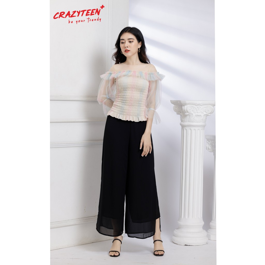 [Mã FAMALLT5 giảm 15% đơn 150k] Aó kiểu form peplum lưới tay loe CRAZYTEEN màu cầu vồng phong cách sang trọng(A0104)