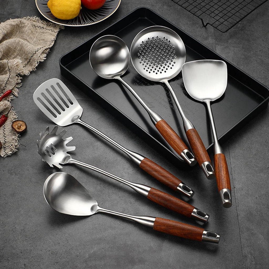 IVORY Bộ 7 Dụng Cụ Nấu Ăn Bằng Thép Không Gỉ Cán Gỗ Cách Nhiệt