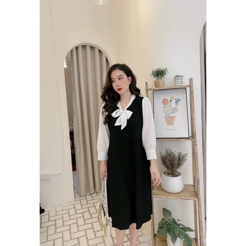 Váy bầu công sở cổ buộc nơ thu đông dài tay B07