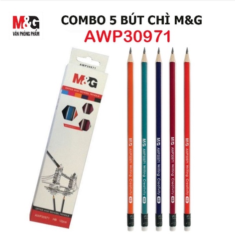 Combo 5  Bút chì M&amp;G AWP30971  thân tam giác, nhiều màu, HB