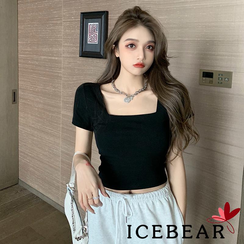 Áo Thun Crop Top Tay Ngắn Cổ Vuông Màu Sắc Đơn Giản Dành Cho Nữ