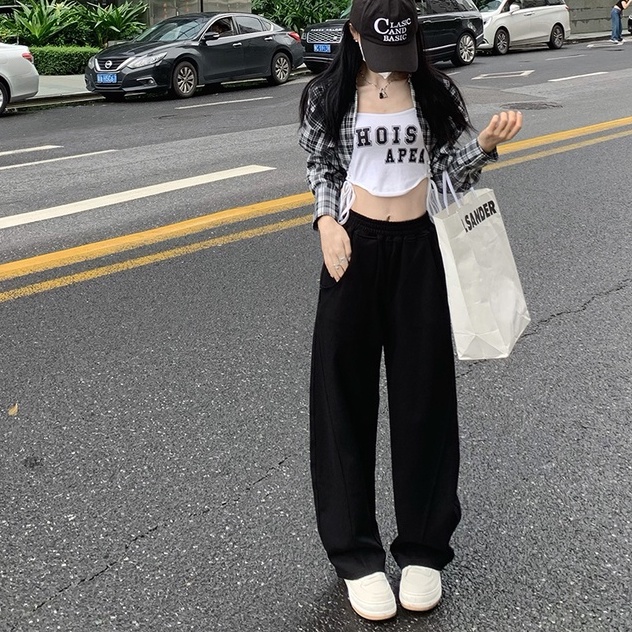 Quần thể thao ZHELIHANGFEI lưng cao ống suông phong cách retro