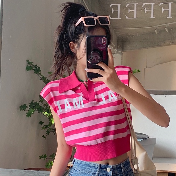 QKOOLE  Áo Croptop Dệt Kim Không Tay Dáng Rộng Phong Cách Hàn Quốc Dành Cho Nữ