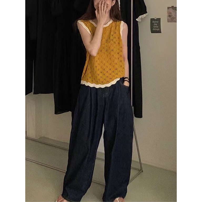 Áo Dệt Kim Sát Nách Dáng Rộng Phối Ren Màu Khối Thời Trang Mới Cho Nữ