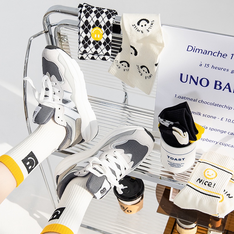 Tất cotton WAFNHA KAFU D377 cổ cao họa tiết hoạt hình mặt cười dễ thương