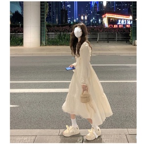 Váy nữ dáng dài tay xòe bèo nhún ôm eo phong cách mùa thu Hàn Quốc