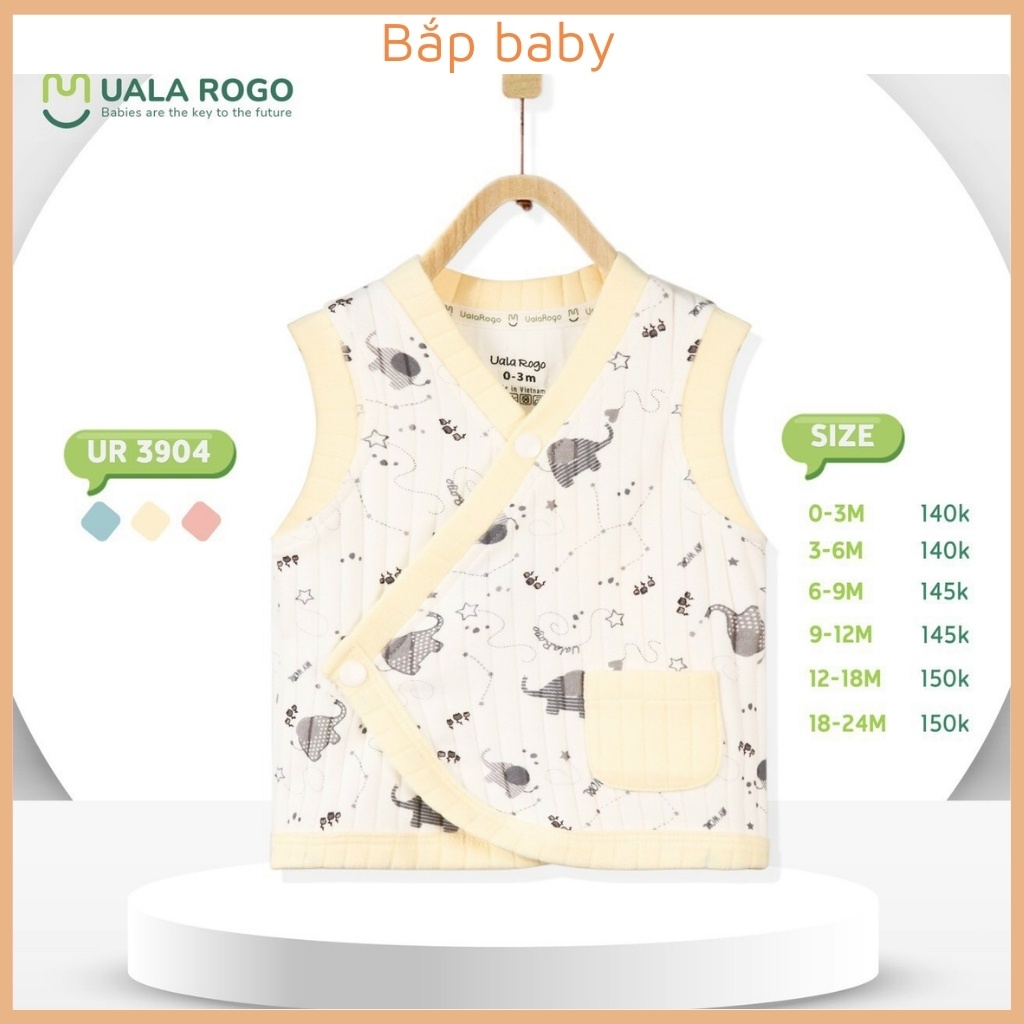 Áo gile cho bé UALA ROGO sơ sinh cotton nỉ trần bông có túi hình voi dễ thương cho bé trai bé gái 0 đến 12 tháng tuổi