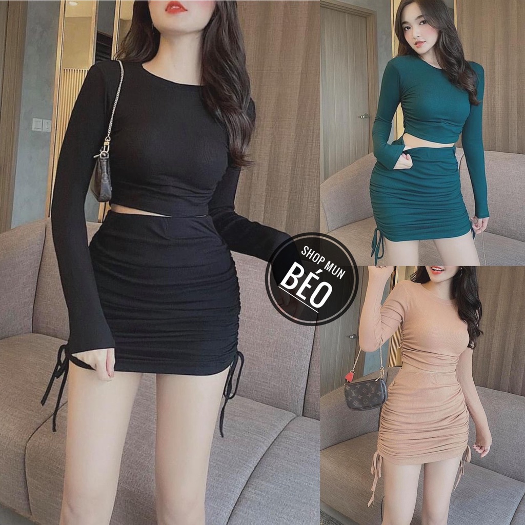 [MẪU MỚI] Set Áo Tay Dài Kèm Chân Váy Có Lót Rút Sườn Chất Thun Gân Thích Hợp Mặc Đi Tiệc Đi Làm Đi Chơi