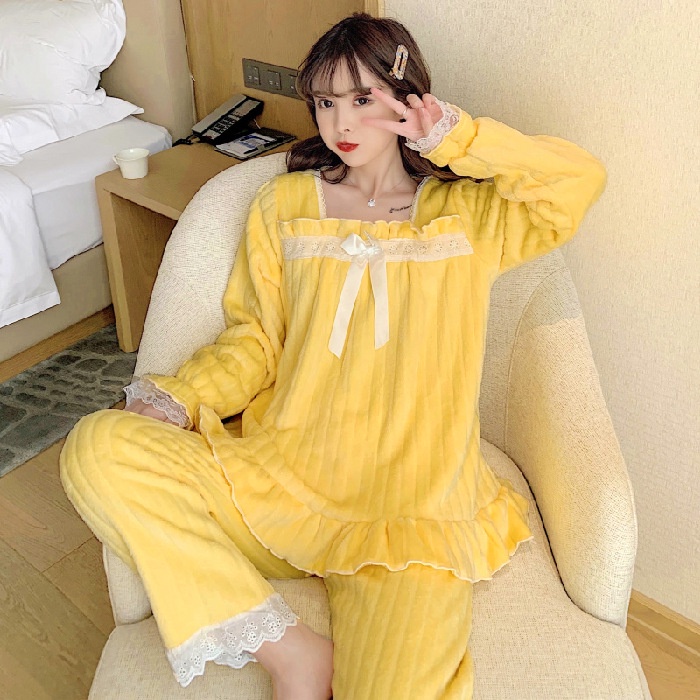 Bộ Đồ Ngủ Chất Nỉ Phối Ren Phong Cách Hàn Quốc Thời Trang Thu Đông Xinh Xắn Cho Nữ
