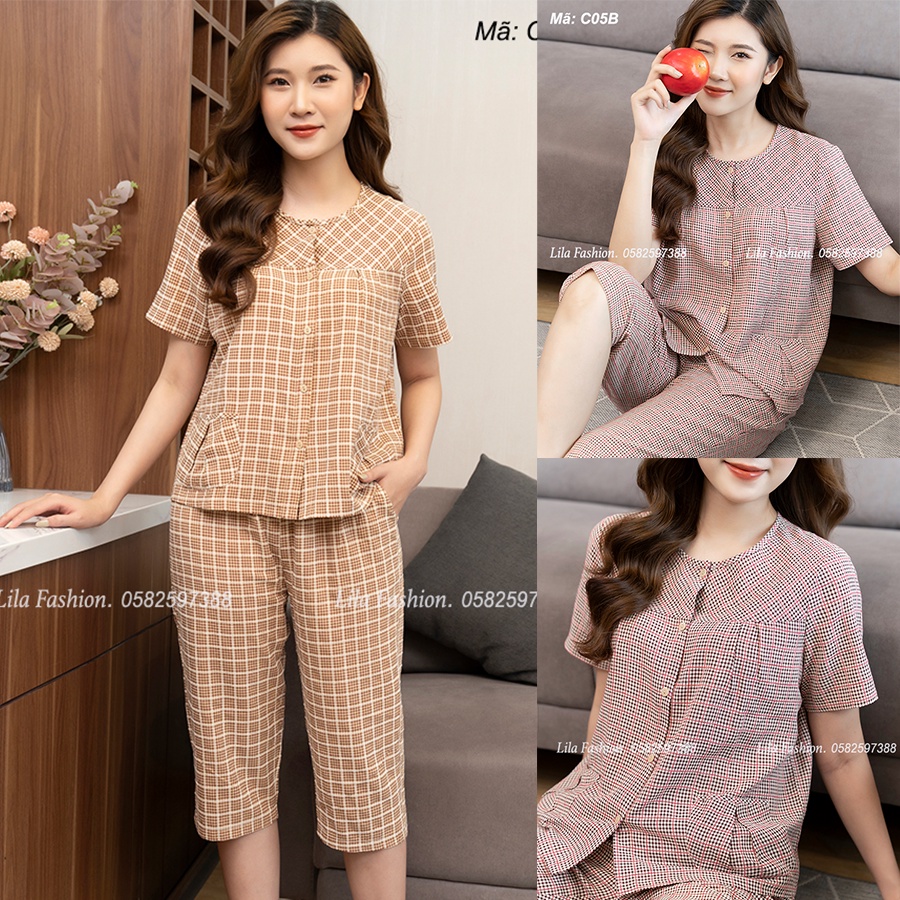 Bộ cọc tay hè, pijama áo quần có túi kẻ caro cao cấp mềm mịn, mát khi mặc