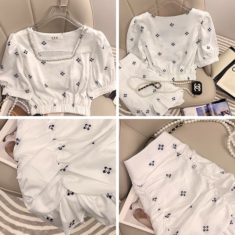 Set Áo Tay Phồng Cổ Vuông + Chân Váy Hoa Phối Bèo Thời Trang Mùa Hè