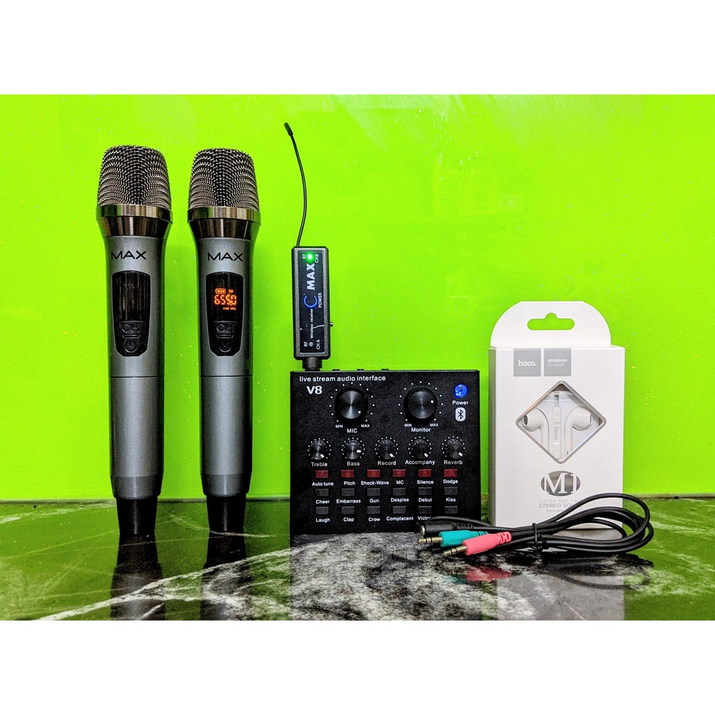 Trọn combo karaoke thu âm livestream siêu hot micro max 39 và sound card V8 tặng kèm tai nghe Hoco M1 và dây live MA2