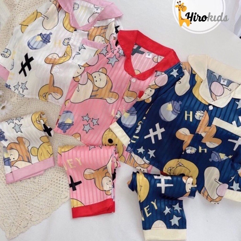 Bộ ngủ pijama lụa gấm tay dài quần dài size nhí cho bé (9-22kg) - Hirokids