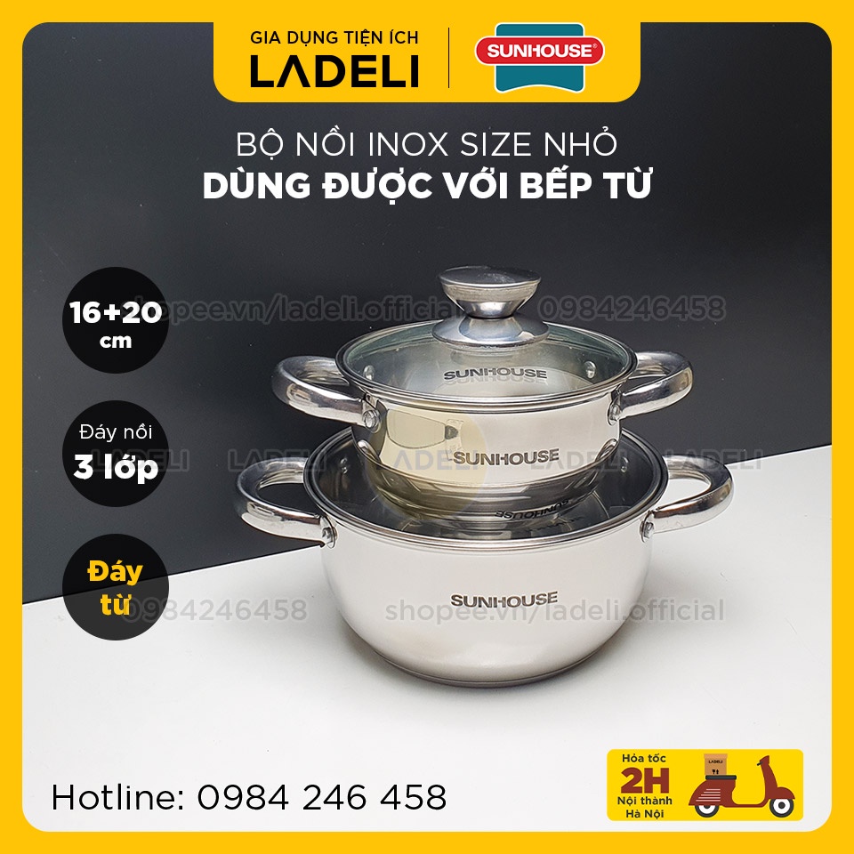 Bộ 2 nồi inox 3 đáy SUNHOUSE size 16+20cm dùng được với bếp từ | LADELI - CBNLI101