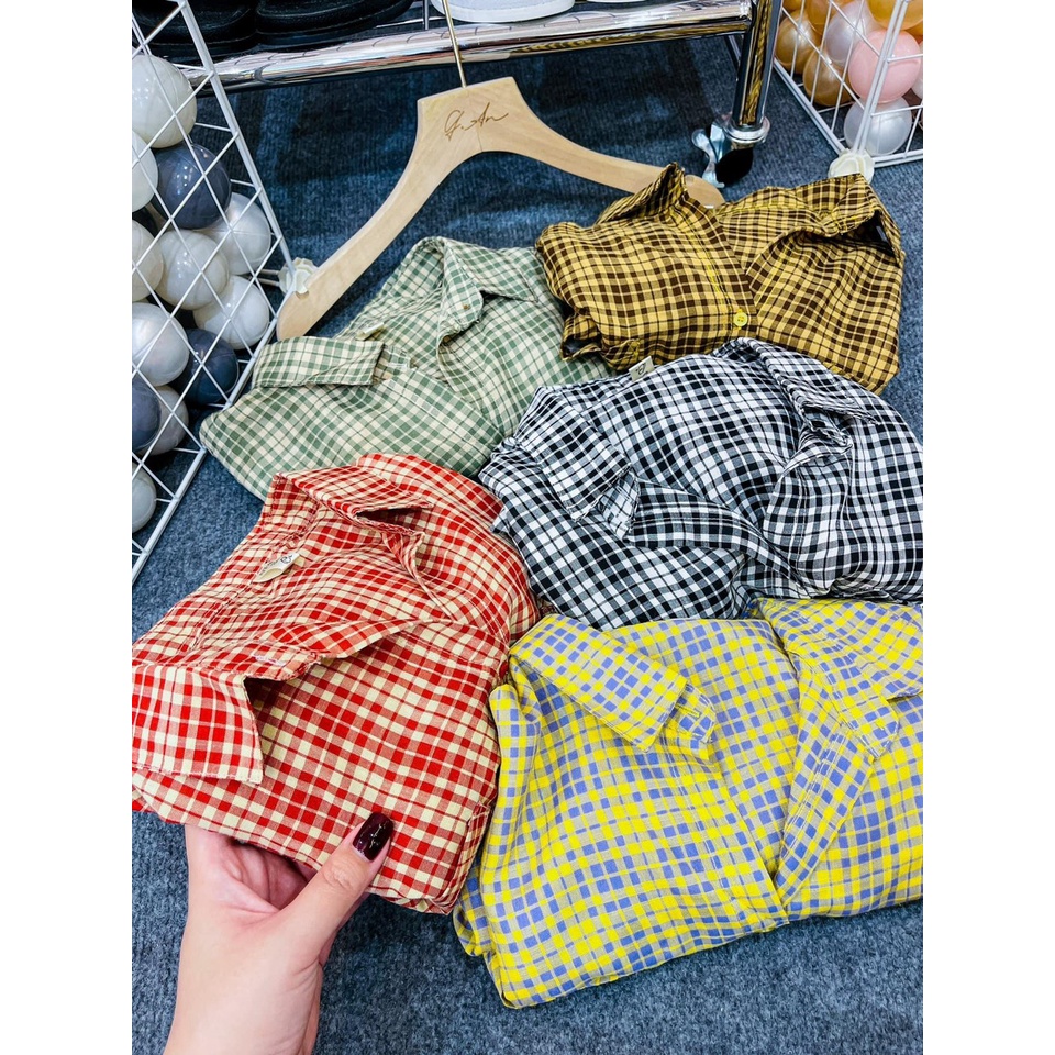 [ÁO KIỂU] Sơ Mi Nữ Họa Tiết Kẻ Màu Vintage Tay Dài