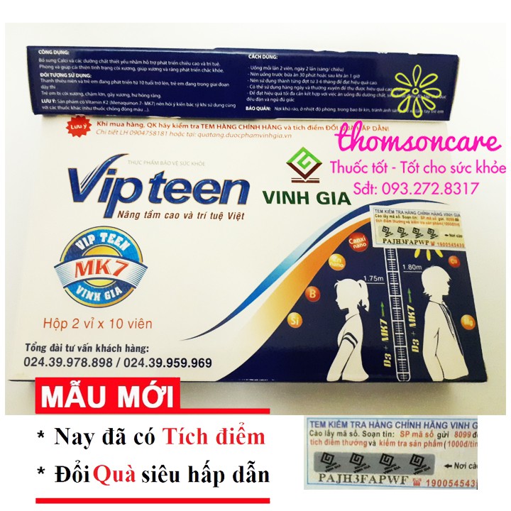 VIPTEEN - hỗ trợ tăng chiều cao cho trẻ từ 9 tuổi, dậy thì, tháp bé, bổ sung canxi D3 - Chính hãng Có tem tích điểm