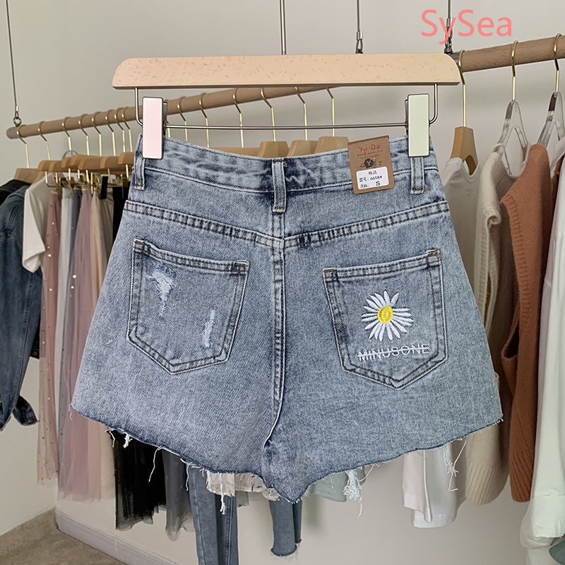 Quần Short Denim Nữ Lưng Cao Thêu Hoa Thời Trang