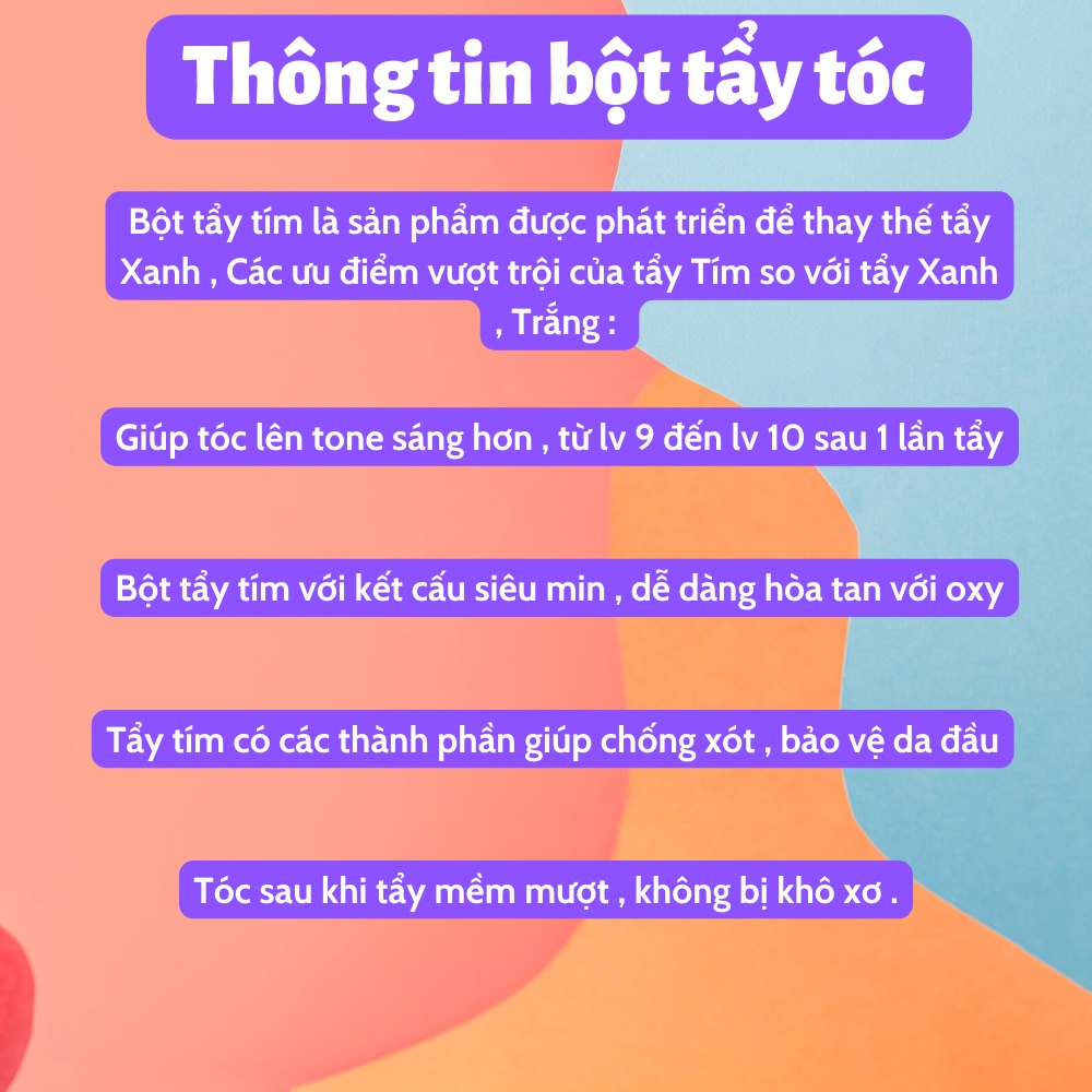 Bột tẩy tóc cao cấp tím , tẩy không xót da đầu , tóc không bị khô xơ , tẩy 1 lần lên tone 9 10 , 500gr - 100gr