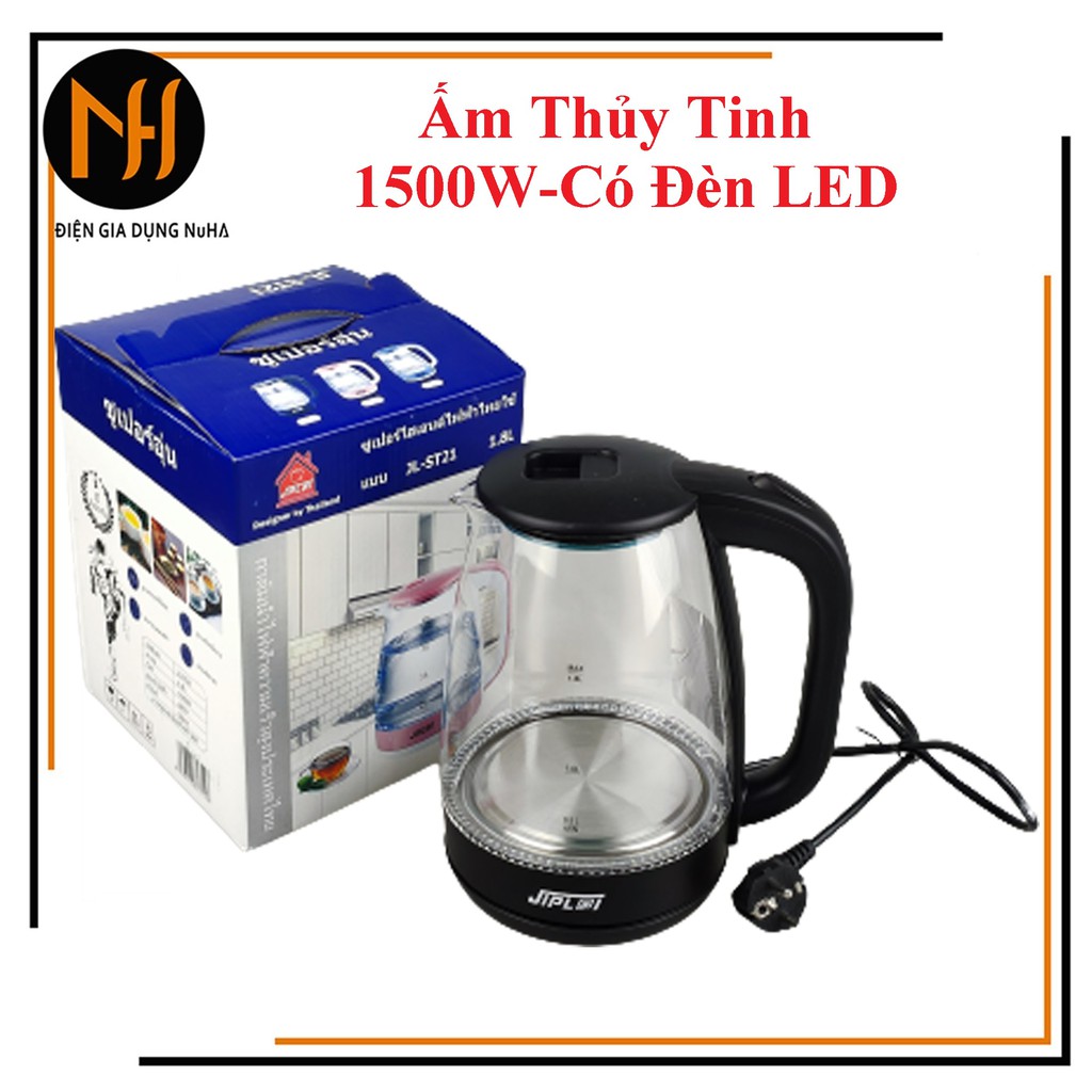 Ấm Siêu Tốc Thủy Tinh 1.8L Jiplai ST21 Công Suất 1500W Thiết Kế Hiện Đại Trong Suốt có đèn LED, màu giao ngẫu nhiên