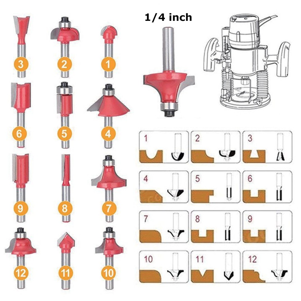 Bộ 12 mũi phay gỗ, bộ mũi soi gỗ 12 chi tiết 1/4 inch có hộp đựng loại đẹp (màu ngẫu nhiên)