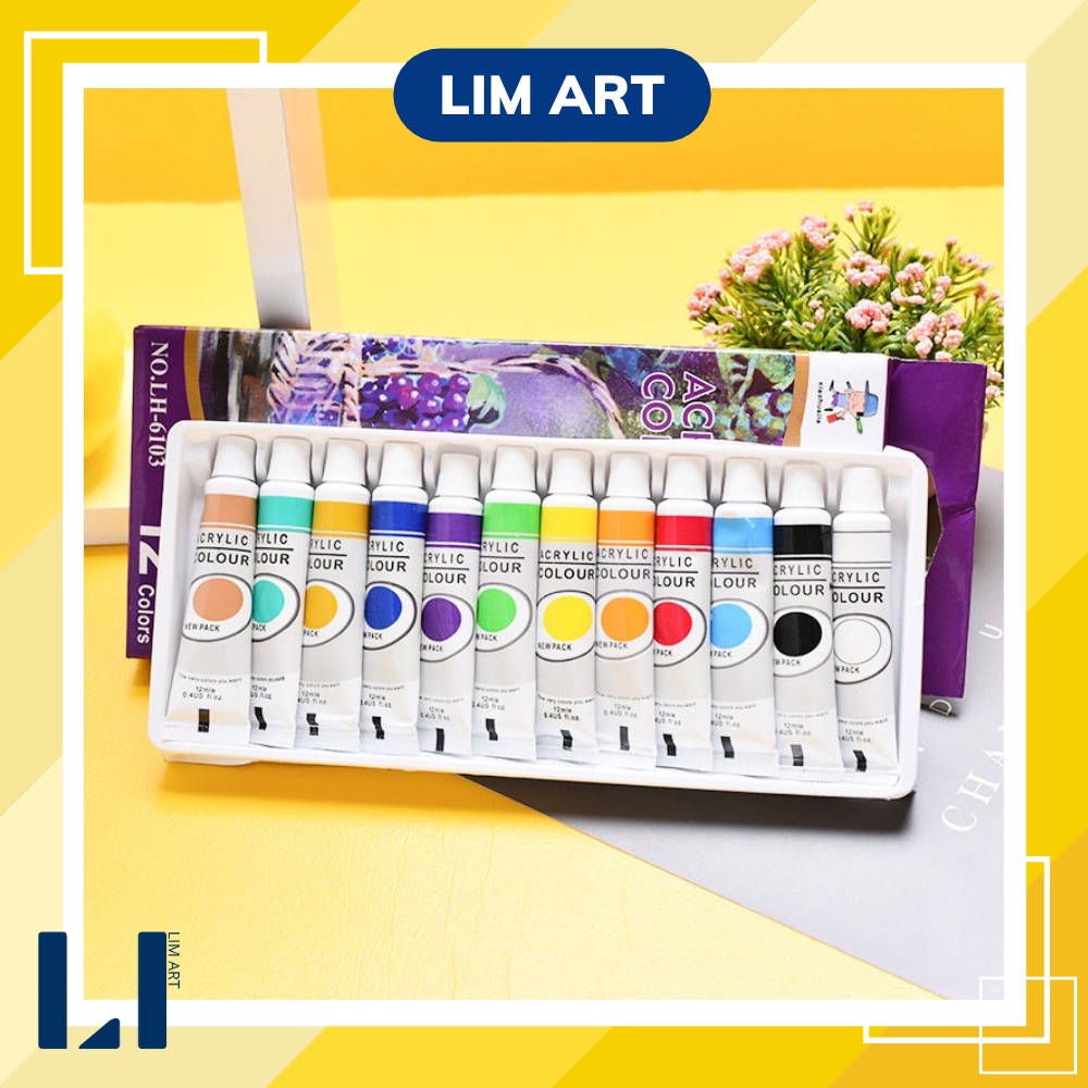 Bộ 12 màu vẽ acrylic tuýp (12ml) LIM Art - Màu acrylic tuýp dùng vẽ tranh,vẽ vải, đất sét, custom giày…