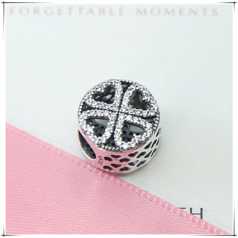 charm pan cỏ 4 lá may mắn đính đá trắng bạc s925 cao cấp