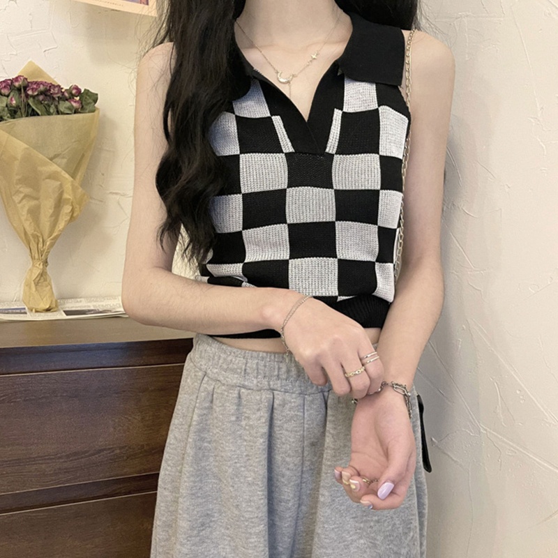 Áo Sweater Dệt Kim Không Tay Cổ Chữ V Họa Tiết Sọc Caro Quyến Rũ Cho Nữ