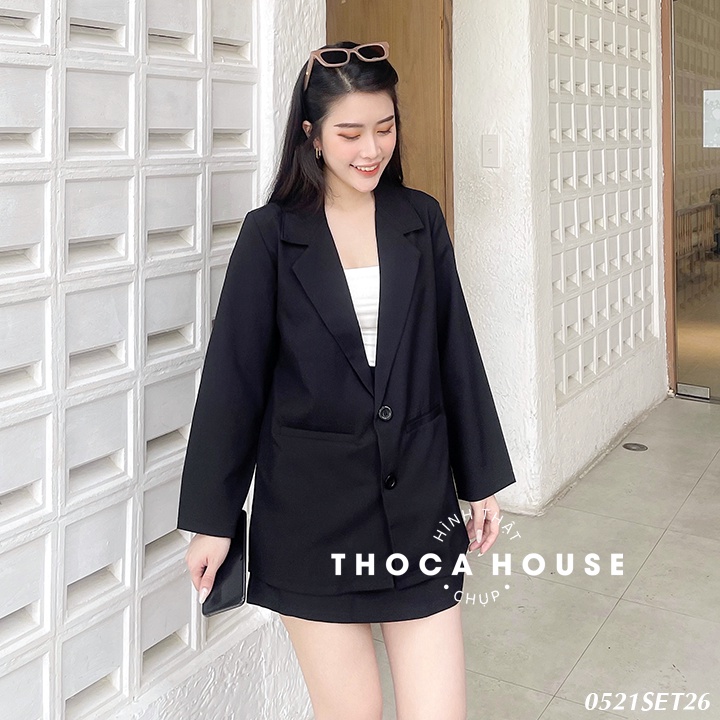 Set vest khoác blazer túi mổ phối chân váy lưng thun trơn đen THOCA HOUSE thanh lịch, sang trọng