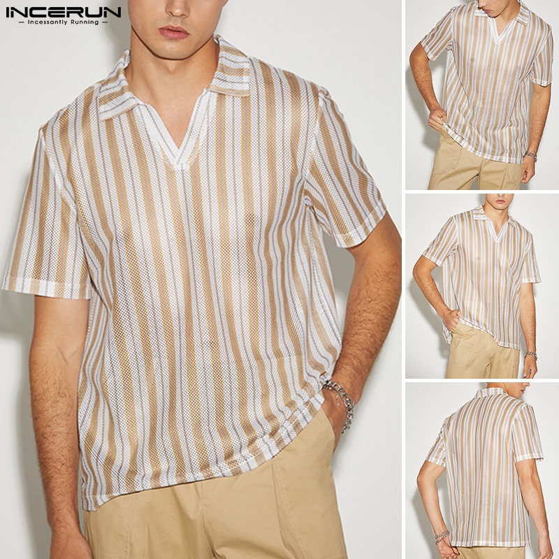Áo thun polo INCERUN tay ngắn họa tiết kẻ sọc nhiều màu sắc thời trang mùa hè cho nam