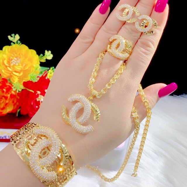 Set bộ trang sức màu vàng 18 cao cấp cực đẹp
