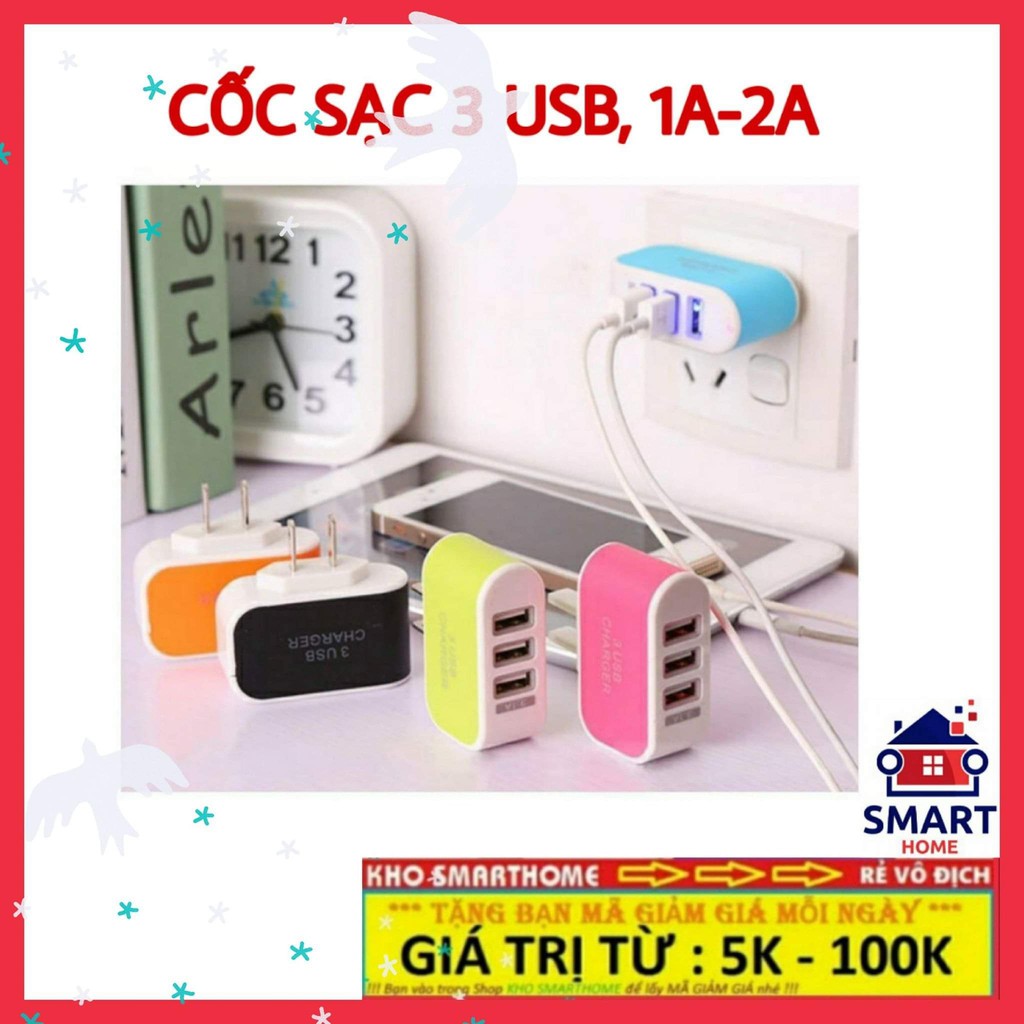 CỐC SẠC USB (CỦ SẠC USB), 3 cổng USB - 1A, 2A