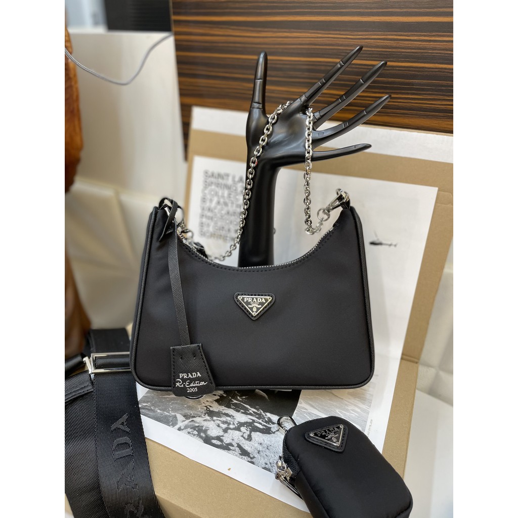 Túi Prada kèm ví vải dù super màu đen size 22cm