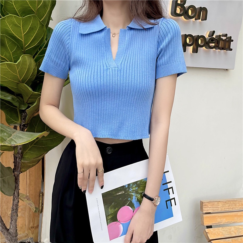 Áo thun dệt kim SUXI đơn giản phong cách cổ điển cho nữ