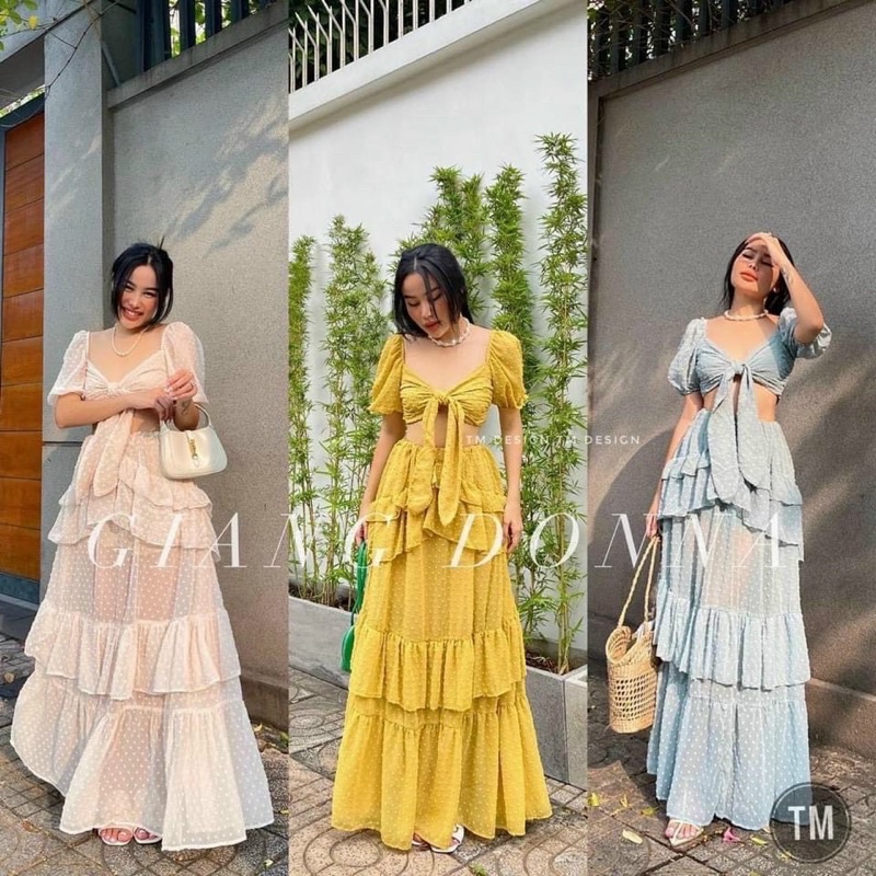Set voan bi áo cột nơ ngực nhún hở lưng + váy maxi xoè tầng Xanh biển Vàng Trắng đầm đi chơi dạo phố du lịch đi biển