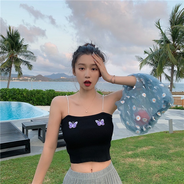 DUNEA Áo Dệt Kim Hai Dây In Hình Bướm Thời Trang Cho Nữ